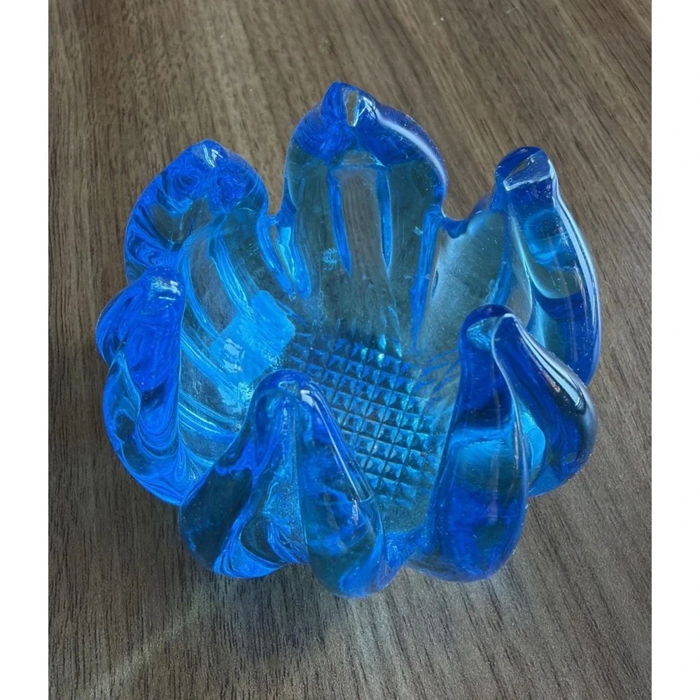 Vintage Blue Art Glass Lotus Flower Votive Candle Holder Petal Bowl 3 inch